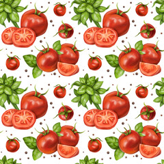 Seamless pattern with compositions of red tomatoes, cherry, peppercorns, bunches and basil leaves. Floral background for textiles, fabrics, wrapping paper and other designs. On a white background