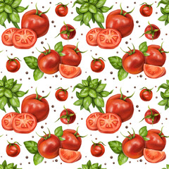 Seamless pattern with compositions of red tomatoes, cherry, peppercorns, bunches and basil leaves. Floral background for textiles, fabrics, wrapping paper and other designs. On a white background