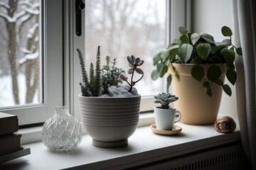 green potted plant sitting on a windowsill with sunlight shining in. Generative AI