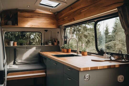 Interior of trailer house, caravan, generated with AI tools 