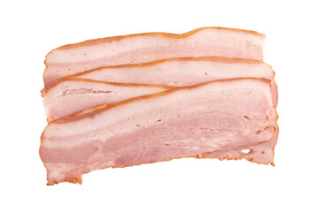 raw smoked bacon isolated, streaky brisket slices, fresh thin sliced bacon on white background