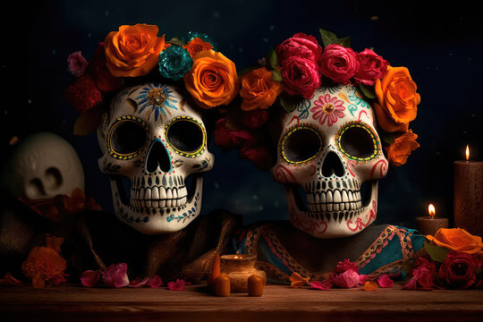 On the altar, decorated with flowers in honor of the Mexican Day of the Dead, are two Mexican-style skulls. Generative AI