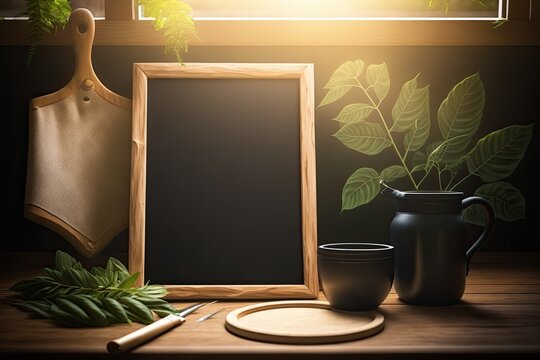 kitchen scene with a picture frame, a knife, a potted plant, and a cutting board on a countertop. Generative AI