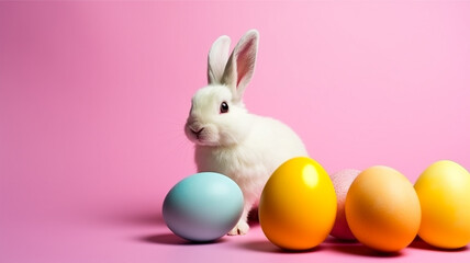 Naklejka na ściany i meble pink background with copy space, easter day concept, bunny and egg decoration, generative ai