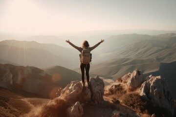 Back view of hipster millennial young woman on top of mountain summit at sunset raises arms into air happy  Generative AI