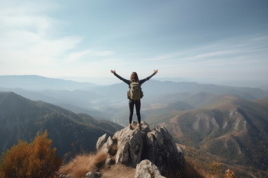 Back view of hipster millennial young woman on top of mountain summit at sunset raises arms into air happy  Generative AI