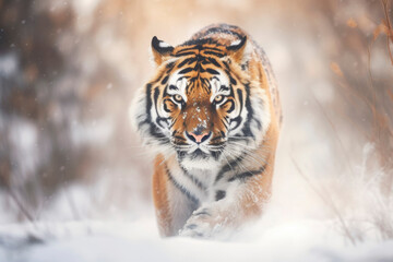 Fototapeta na wymiar Tiger in Wild Running in Snow Winter. AI generative