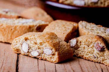 Closeup of freshly baked Italian almond cantuccini biscuits