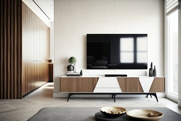 modern living room with a wall-mounted television. Generative AI