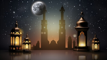 Ramadan kareem islamic greeting background, Eid mubarak greeting lantern background, Generative Ai