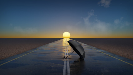 Single umbrella on the wet road at sunset, 3d render