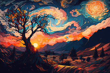 Fantasy sunset lansdcape painting 