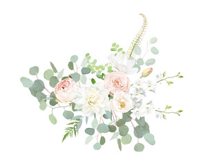 Pale pink and dusty rose, white dahlia, orchid, magnolia, nude pink ranunculus, eucalyptus vector design bouquet © lavendertime