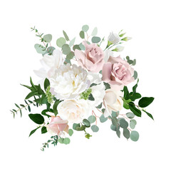 Silver sage green and blush pink flowers vector design bouquet. Dusty rose, white carnation, beige magnolia
