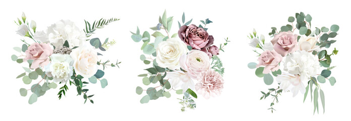 Silver sage green and blush pink flowers vector design bouquets © lavendertime