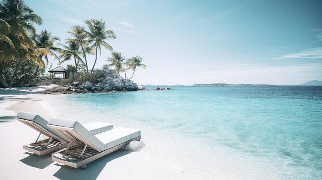 Caribbean dream and pure luxury: Unique resort and exquisite ambience for an unforgettable vacation. Relaxing on the beach between palm trees and the ocean. - Generative AI