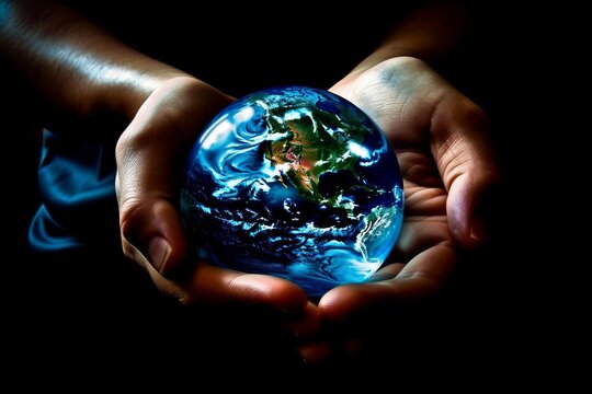 Earth in hands. Green planet at hand. Save the Earth. Be careful with the earth (Generative AI)