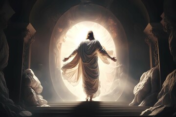 Resurrection Of Jesus Christ Concept - Empty Tomb, silhouette of the resurrected Jesus coming out of the tomb. Generative AI