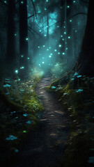 The Enchanted Path: A journey through a bioluminescent magical forest,  Generative AI 