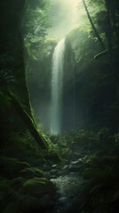 Waterfall is flowing in a green forest, in the style of mystical realms, fleeting light contrasts. Generative AI