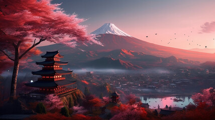 illustration of a typical japanese landscape with a village and a big mountain, Generative AI