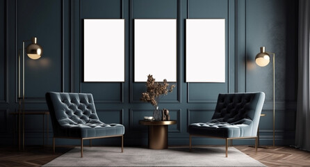 Elegant living room, blue armchair and triptych mockup vertical frame. Generative AI 3D render home interior design