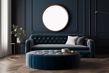Elegant living room, couch and round circle frame mockup. Generative AI 3D render home interior design