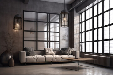 Elegant luxury living room, modern couch and large window. Generative AI 3D render home interior design
