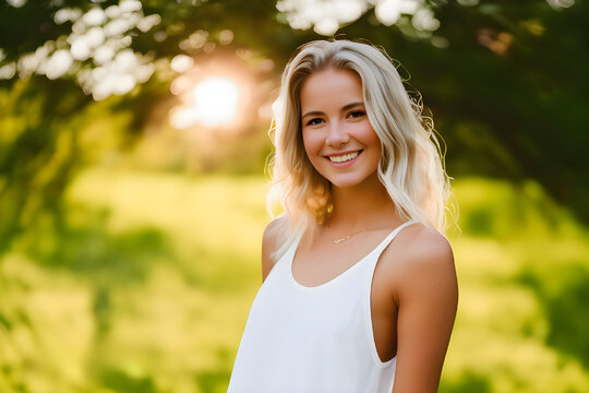 Beautiful blonde woman portait outdoors in nature. Sunset during golden hour, young woman wearing white clothes and smiling to the camera. AI-generated