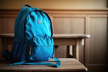 blue backpack resting on a wooden table. Generative AI