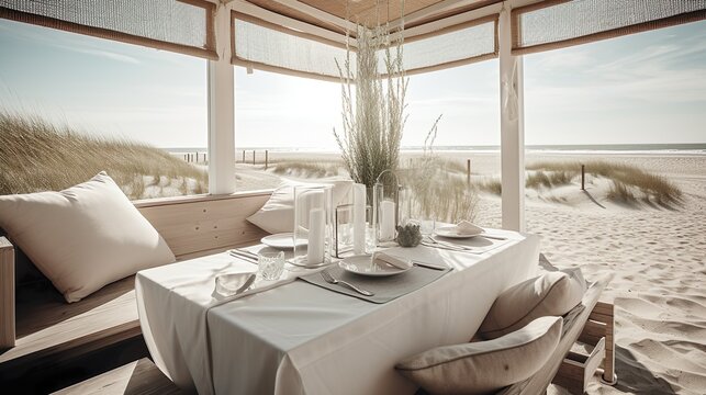 Pure luxury: Unique beach scenery and exquisite ambience for an unforgettable beach meal. Caribbean flair for a wonderful meal on the beach in a luxurious ambience. - Generative AI