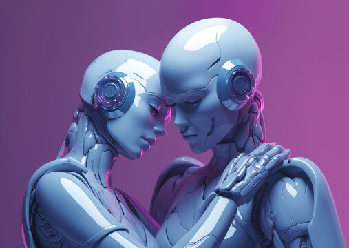 Illustration Of A Cyborg Couple Hugging Close In A Very Intimate, Erotic And Sensual Way. Robot Love, Generative AI	
