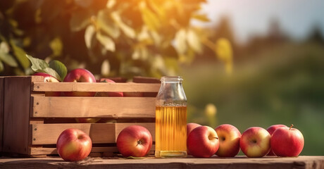 Wooden box of delicious ripe apples and bottle of apple juice on apple garden background in summer. Copy space. Based on Generative AI