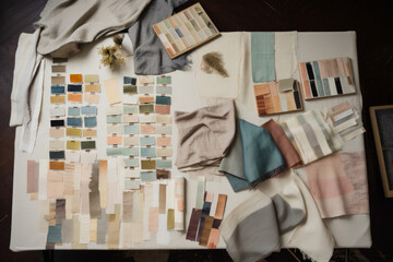 Interior design mood board with fabric and paint swatches. Generative ai