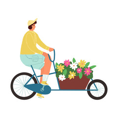 Courier, gardener, a guy riding a bakfiets, cargo bike full of flowers, sprouts in the cart. Landscape design, planting.