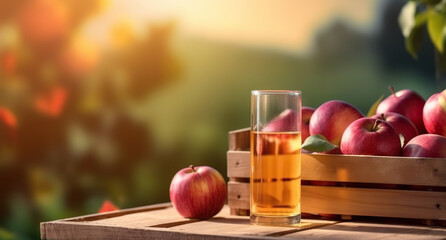 Wooden box of delicious ripe apples and glass of apple juice on apple garden background in summer. Copy space. Based on Generative AI