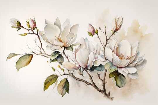 Generative AI. Watercolor illustration with white Magnolias. Botanical flowers elements for your design.