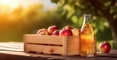 Wooden box of delicious ripe apples and bottle of apple juice on apple garden background in summer. Copy space. Based on Generative AI