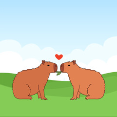 Two capybaras in love eating grass. Cute animal in cartoon style. Illustration for social media post, design, postcard, poster.