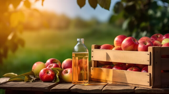 Wooden box of delicious ripe apples and bottle of apple juice on apple garden background in summer. Copy space. Based on Generative AI