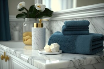 luxurious bathroom with marble countertops and blue towels. Generative AI