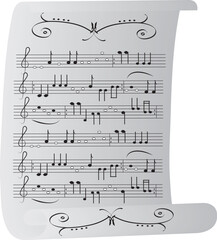 Creative of piano with music notes and musical note. Vector illustration gray parchment with hand drawn music notes. Object isolated, background.