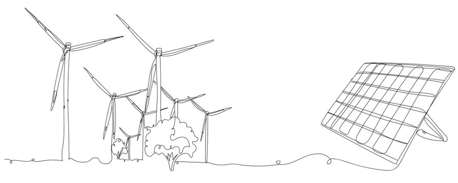 Drawn solar panel and windmills on white background