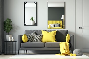 cozy living room with a gray couch and pops of yellow accents. Generative AI