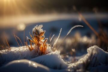 small plant covered in snow on a sunny day. Generative AI