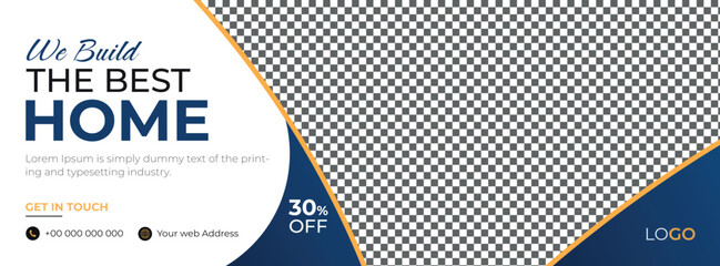 Real Estate Construction Social Media Cover Banner Template Design, Modern Home Building Website Banner Design Template