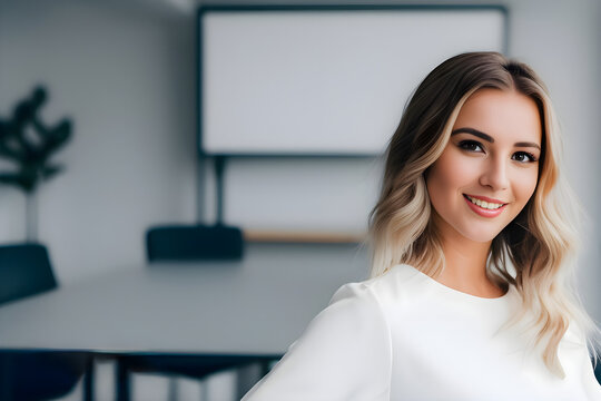 Confident woman standing in fron of a modern office room ready to hold a bussiness presentation. Natural makeup and white clothes. Bussiness woman smiling template. AI-generated