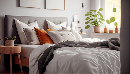 Bed in the bedroom in a Scandinavian minimalist style. Al generated