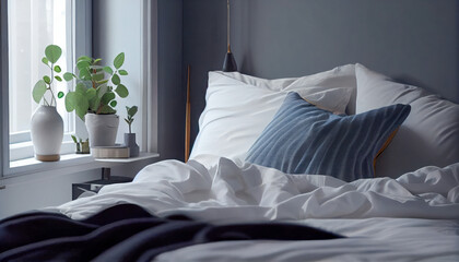 Bed in the bedroom in a Scandinavian minimalist style. Al generated