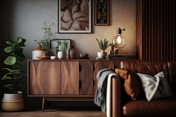 cozy living room with greenery and natural elements. Generative AI